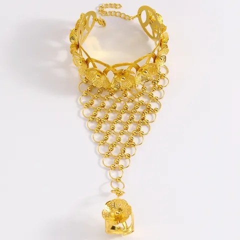 Middle Eastern Vintage Iron Hand Chain For Women Gold Silver Plated Heart Pattern Mesh Hand Harness Ring Bracelet