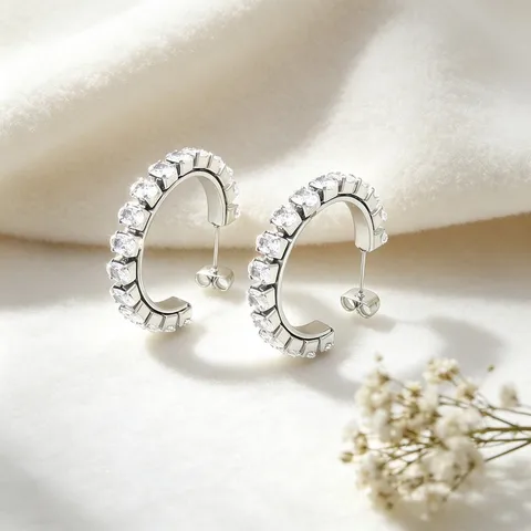 C-Shaped Hoop Earrings Stainless Steel Inlaid Cubic Zirconia Geometric Trendy Fashionable For Women