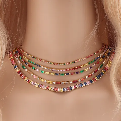Collier Tennis Pour Femme Avec Zircone Cubique Colorée Cuivre Plaqué Or 18K Bijoux De Mode Choker Arc-En-Ciel