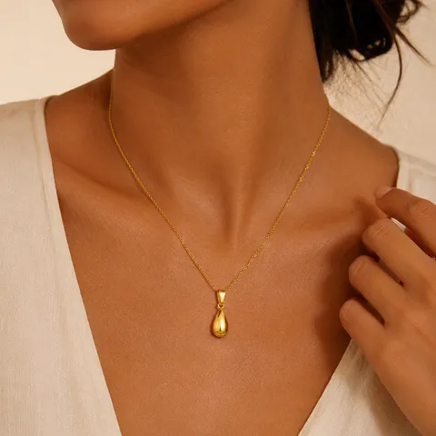 Minimalist 304 Stainless Steel Gold Plated Water Drop Pendant Necklace For Women Solid Teardrop Charms Simple O-Chain Clavicle Necklace Jewelry Gift