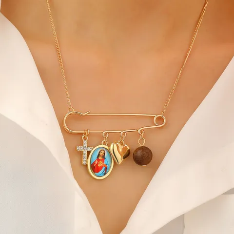 Vintage Gold Alloy Safety Pin Religious Pendant Necklace Brooch Heart Cross Icon Wood Bead Rhinestone Jewelry For Women