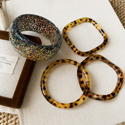 European Retro Resin Colorful Round Square Bangle Bracelet Fashion Geometric Statement Jewelry For Women
