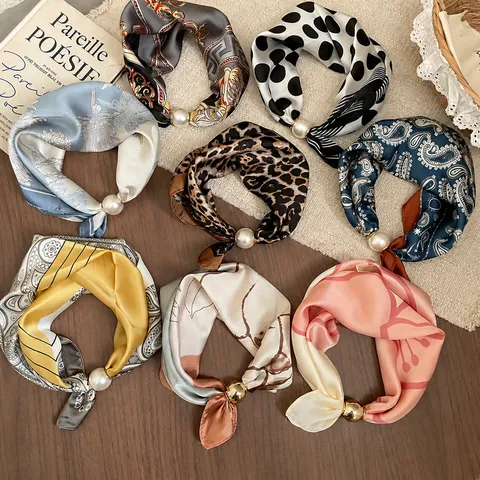 Elegant Scarf Necklace For Women With Artificial Pearl Magnetic Clasp Satin Fabric Floral Polka Dot Leopard Print Scarf Jewelry Neckwear Accessory