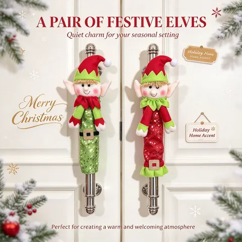 Christmas Elf Refrigerator Handle Covers Red Green Sequin Fabric Kitchen Appliance Handle Decorations For Home Party Xmas Decor