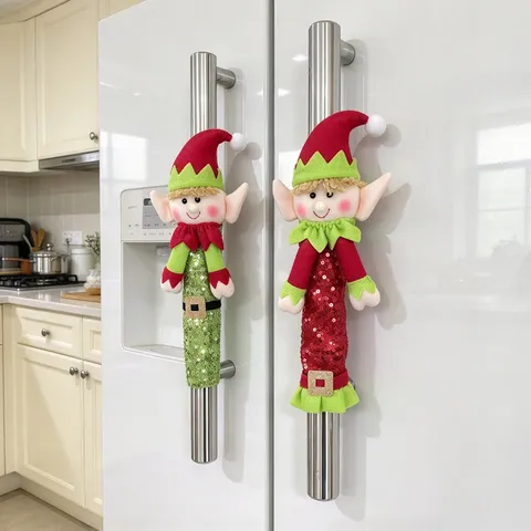 Christmas Elf Refrigerator Handle Covers Red Green Sequin Fabric Kitchen Appliance Handle Decorations For Home Party Xmas Decor