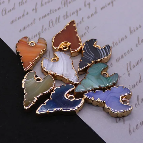 Natural Striped Agate Bull Head Shape Pendant With Electroplated Gold Edge Arrowhead Stone Charm For DIY Necklace Making