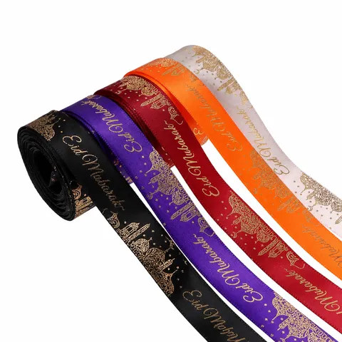 Gold Stamping Letter Printed Polyester Satin Ribbon Eid Mubarak Festival Gift Wrapping Ribbon Craft Decoration