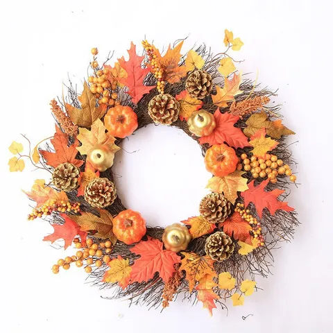 Artificial Autumn Sunflower Wreath Pumpkin Maple Leaf Garland Thanksgiving Halloween Door Wall Hanging Harvest Festival Home Decoration