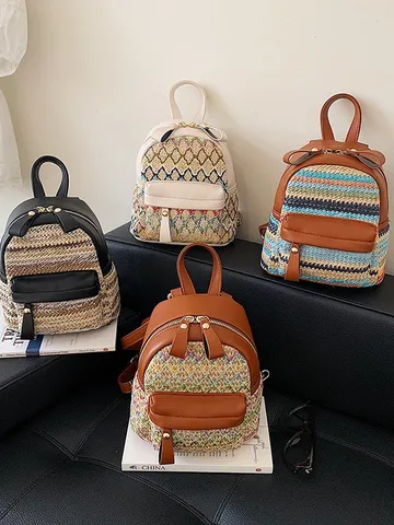 Vrouwen Kleine Geweven Rugzak PU Leer Kleurblok Casual Dagrugzak Stijlvolle Woonverkeer Schooltas Voor Dames