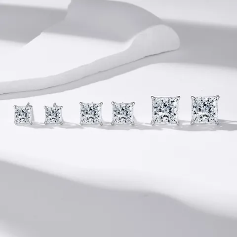 Pendientes de Botón de Plata de Ley 925 Moissanita para Mujer Corte Princesa Cuadrado Color D VVS1 Lab Diamante Cuatro Garras Joyería Minimalista Con Certificado GRA