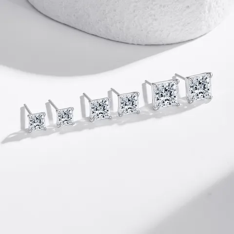 Pendientes de Botón de Plata de Ley 925 Moissanita para Mujer Corte Princesa Cuadrado Color D VVS1 Lab Diamante Cuatro Garras Joyería Minimalista Con Certificado GRA