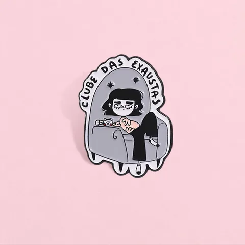 Funny Tired Girl Club Enamel Pin Zinc Alloy Cartoon Character Sofa Coffee Brooch Badge For Backpack Jacket Jewelry Gift