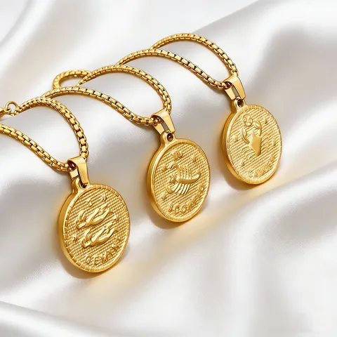 Collier Pendentif Zodiaque en Acier Inoxydable Plaqué Or 18 Carats Breloque Pièce Horoscope Bijou Minimaliste Cadeau Pour Femmes