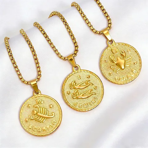 Stainless Steel Zodiac Pendant Necklace 18K Gold Plated Horoscope Coin Charm Minimalist Jewelry Gift For Women