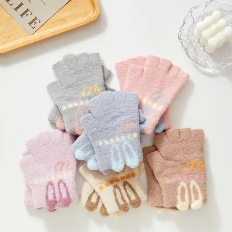 Damen Süße Hasenohr Jacquard Fingerlose Handschuhe Weich Gestrickt Kaschmirimitat Warm Halbfinger Fäustlinge Für Winter Schreiben Outdoor