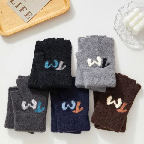 Halbfinger-Strickhandschuhe Winter Warm Polyester Jacquard Buchstabe Touchscreen Arbeitshandschuhe Unisex-Handschuhe