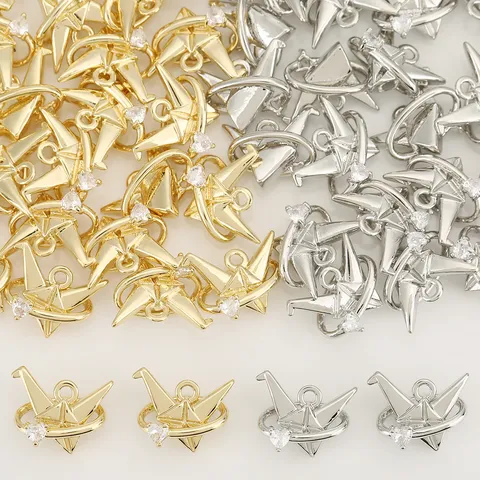 Kupfer 18K Vergoldeter Origami Papierkranich Anhänger Mit Herz Zirkonia Inlay Handgefertigtes DIY Schmuckzubehör Für Damen