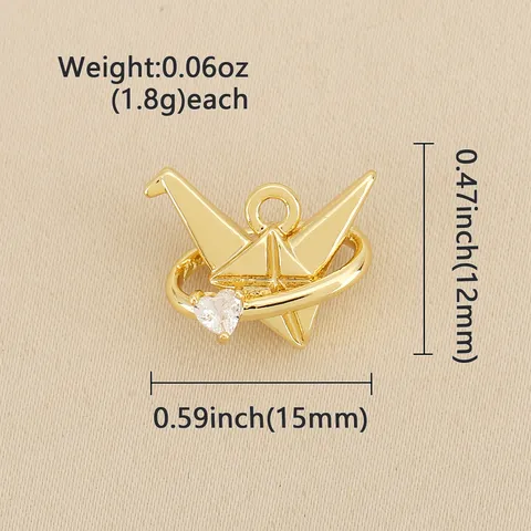 Kupfer 18K Vergoldeter Origami Papierkranich Anhänger Mit Herz Zirkonia Inlay Handgefertigtes DIY Schmuckzubehör Für Damen