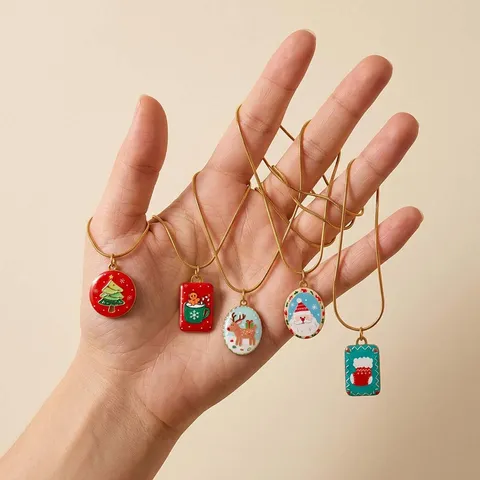 Christmas Stainless Steel Pendant Necklace Drip Oil Cartoon Elk Santa Claus Snake Chain Festive Jewelry For Women