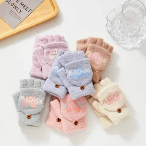 Mitaines à Clapet Femmes Chaudes en Fausse Fourrure de Vison Jacquard Cœur Gants sans Doigts pour Cyclisme en Extérieur