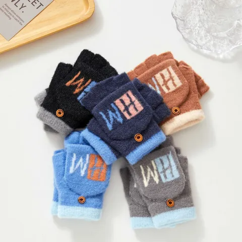 Gants Tricotés pour Enfants Moufles Convertibles en Velours de Faux Vison Chauds avec Motif Jacquard Lettre Garçons