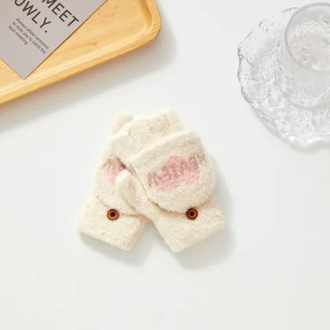 Mitaines à Clapet Femmes Chaudes en Fausse Fourrure de Vison Jacquard Cœur Gants sans Doigts pour Cyclisme en Extérieur