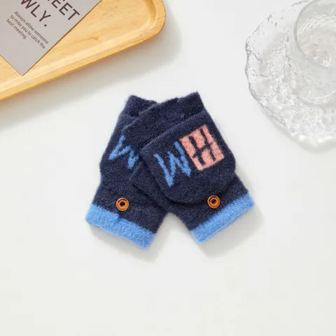 Gants Tricotés pour Enfants Moufles Convertibles en Velours de Faux Vison Chauds avec Motif Jacquard Lettre Garçons