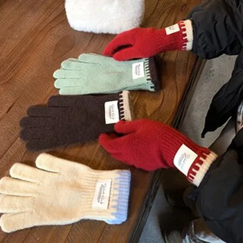Gants en Tricot Épais pour Femmes Hiver Style Ins Coréen Chauds Écran Tactile Cyclisme Gants à Cinq Doigts Moufles en Tricot à Côtes Contrastées