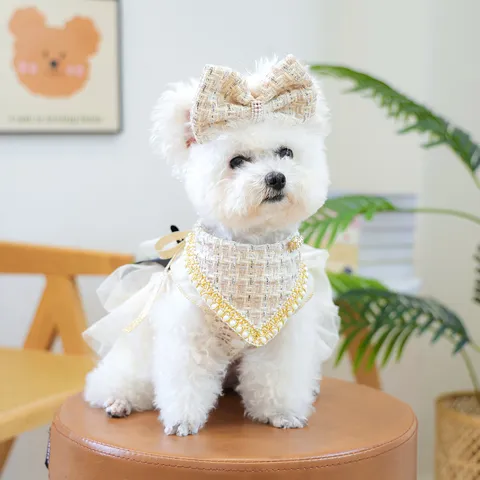 Pet Dog Cat Tweed Triangle Scarf Bow Hair Clip Pearl Ball Necklace Cute Princess Pet Accessories Grooming Set