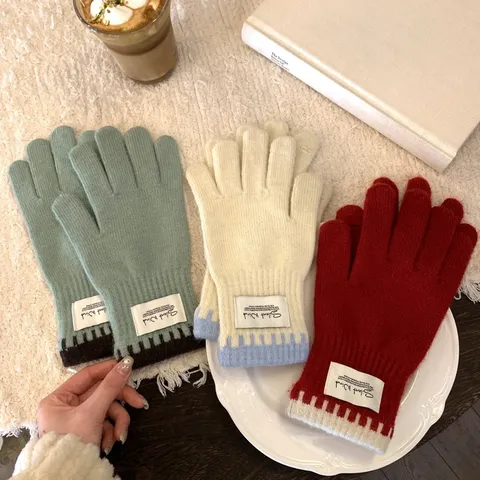 Gants en Tricot Épais pour Femmes Hiver Style Ins Coréen Chauds Écran Tactile Cyclisme Gants à Cinq Doigts Moufles en Tricot à Côtes Contrastées