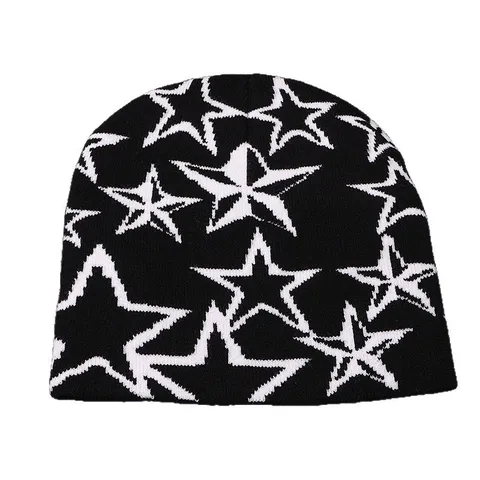 Winter Knitted Beanie Hat For Women Men Y2K Streetwear Five-Pointed Star Jacquard Pattern Warm Skull Cap Brimless Acrylic Beanie Outdoor Headwear