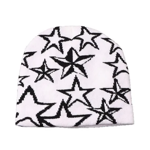 Winter Knitted Beanie Hat For Women Men Y2K Streetwear Five-Pointed Star Jacquard Pattern Warm Skull Cap Brimless Acrylic Beanie Outdoor Headwear