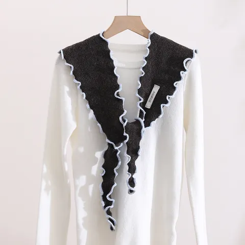 Women Knitted Contrast Wood Ear Edge Triangle Scarf Autumn Winter Warm Hooded Shawl Korean Style Acrylic Wrap Scarf Fashion Accessory