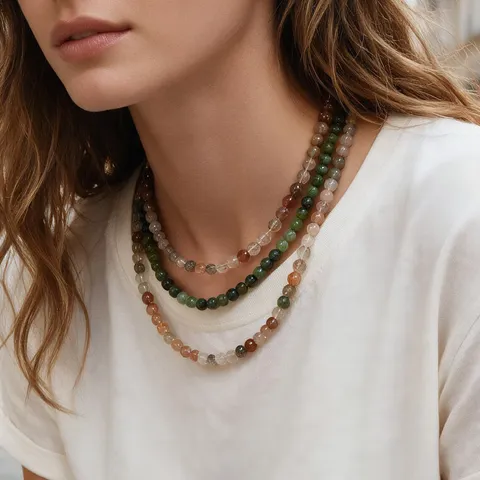 Natural Stone Round Bead Necklace Copper Chain Simple Crystal Stone Clavicle Chain For Women Elegant Neck Jewelry Gift
