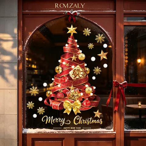 Red Gold Christmas Tree Snowflake Window Clings Static Cling PVC Wall Stickers For Shopping Mall Showcase Home Decor