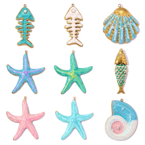 Ciondoli Animali Marini in Acciaio Inossidabile Smalto Stella Marina Lisca di Pesce Conchiglia Koi Fai da Te Gioielli Strass Ciondoli per Collane Orecchini Donna