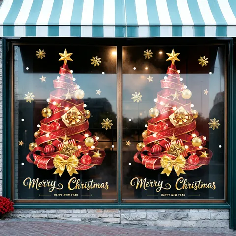 Red Gold Christmas Tree Snowflake Window Clings Static Cling PVC Wall Stickers For Shopping Mall Showcase Home Decor