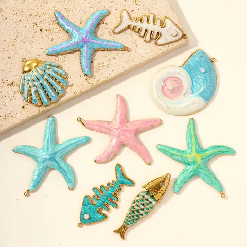 Ciondoli Animali Marini in Acciaio Inossidabile Smalto Stella Marina Lisca di Pesce Conchiglia Koi Fai da Te Gioielli Strass Ciondoli per Collane Orecchini Donna