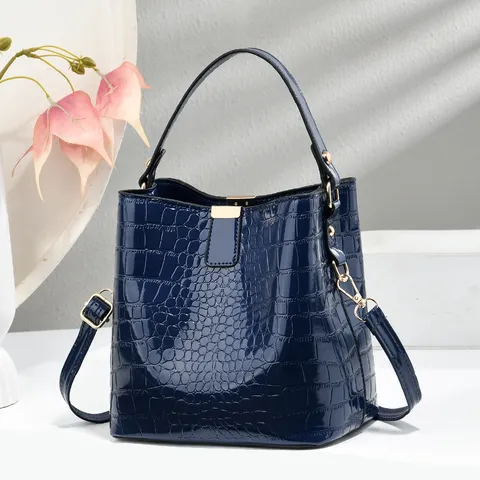 New Fashion Women Bucket Bag PU Leather Stone Pattern Glossy Handbag Versatile Shoulder Crossbody Bag Casual Lady Pouch