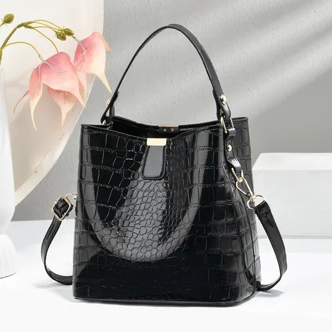 New Fashion Women Bucket Bag PU Leather Stone Pattern Glossy Handbag Versatile Shoulder Crossbody Bag Casual Lady Pouch