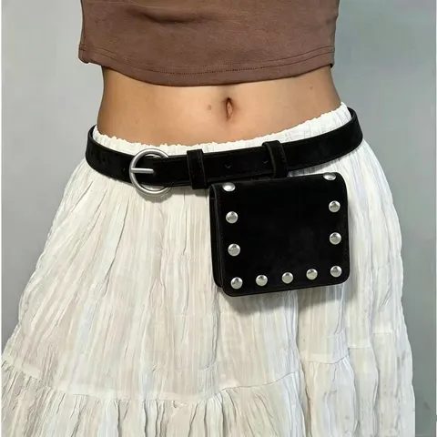 Women Retro Suede Rivet Waist Bag Belt Vintage Punk Style Pouch Belt Decorative Hip Belt American Hip Hop Streetwear Waistband