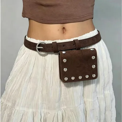 Women Retro Suede Rivet Waist Bag Belt Vintage Punk Style Pouch Belt Decorative Hip Belt American Hip Hop Streetwear Waistband