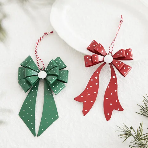 Christmas Wrought Iron Bow Hanging Ornament Festive Red Green Polka Dot Snowflake Metal Bowknot For Xmas Tree Decoration