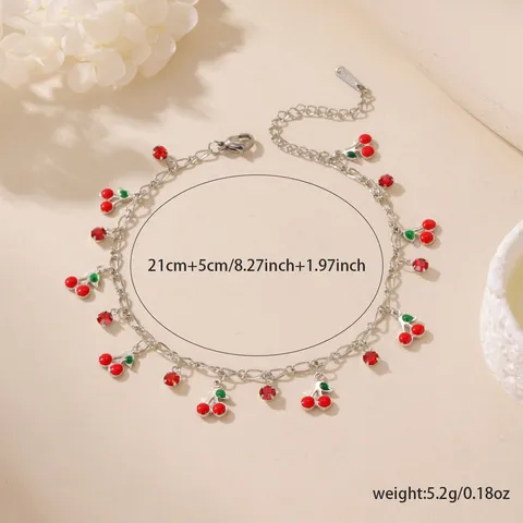 Cavigliera di Ciliegia in Lega Color Argento Pastorale Con Smalto a Frutta Rossa Zirconia Intarsiata Catena Regolabile per Donna