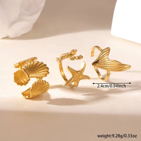 Set di Anelli Aperti con Stella Marina e Conchiglia in Acciaio Inossidabile Placcato Oro 18K Stile Vacanza Mare Gioielli da Donna