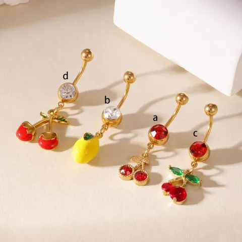 Piercing Ombelico in Acciaio Inossidabile Oro Frutta Donna Ciliegia Limone Piercing Ombelico Con Strass Intarsiati Gioielli per il Corpo Estivi