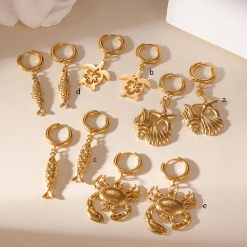 Orecchini a Cerchio in Acciaio Inossidabile da Donna Tema Mare Placcati Oro Tartaruga Marina Stella Marina Pesce Granchio Gioielli da Spiaggia