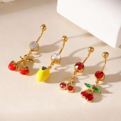 Piercing Ombelico in Acciaio Inossidabile Oro Frutta Donna Ciliegia Limone Piercing Ombelico Con Strass Intarsiati Gioielli per il Corpo Estivi