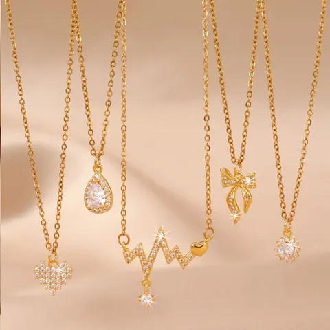 Collana con Ciondolo in Rame e Zirconia Cuore Fiore Fiocco Goccia d'Acqua Gioielli Galvanici per Donna Accessorio Moda