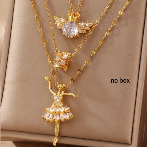 Lussuosa Collana a Strati in Rame Oro con Zirconia Ciondolo Ragazza di Balletto per Donna Corona Ali Regolabile Gioielli da Festa